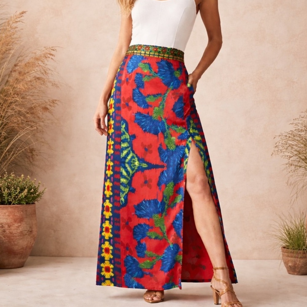 NWT Chelsea & Violet Sam Slit Maxi Skirt in Boho Ikat Floral Print. Sz L